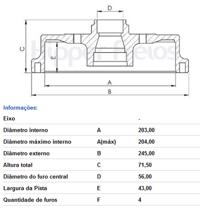 Tambor De Freio Tras Sem Cubo Citroen/peugeot  C2 - 1.1 09/2003-> C3 - 1.4 8v 2002->