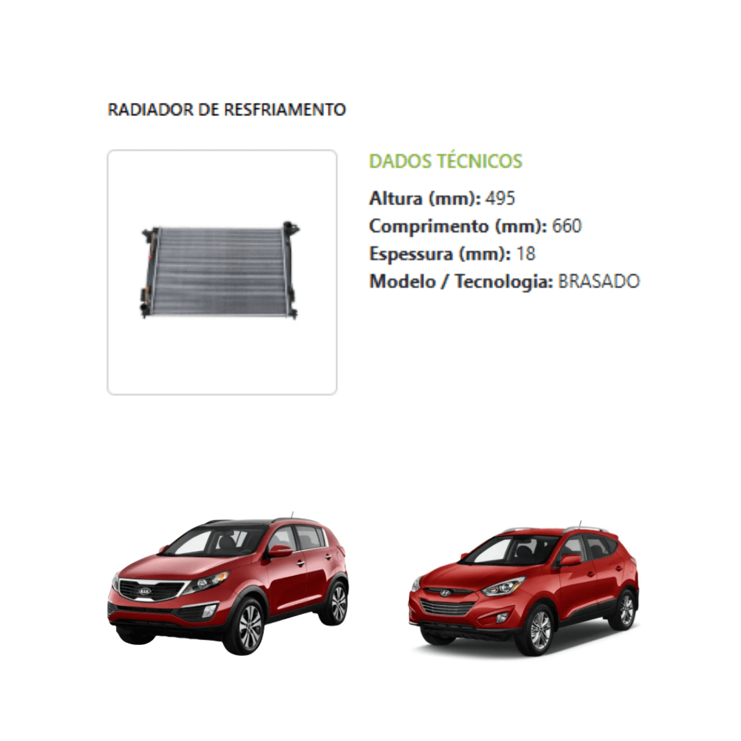 Radiador Hyundai/ Kia  Ix35 2.0 2010-2013  Sportage 2.0 2010-2015 Automatico