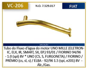 Tubo Água Refrigeração Fiat Elba Weekend Fiorino Furgão Pick-up Prêmio Uno Cs Furgoneta Mille S1.5 Valclei - Vc206